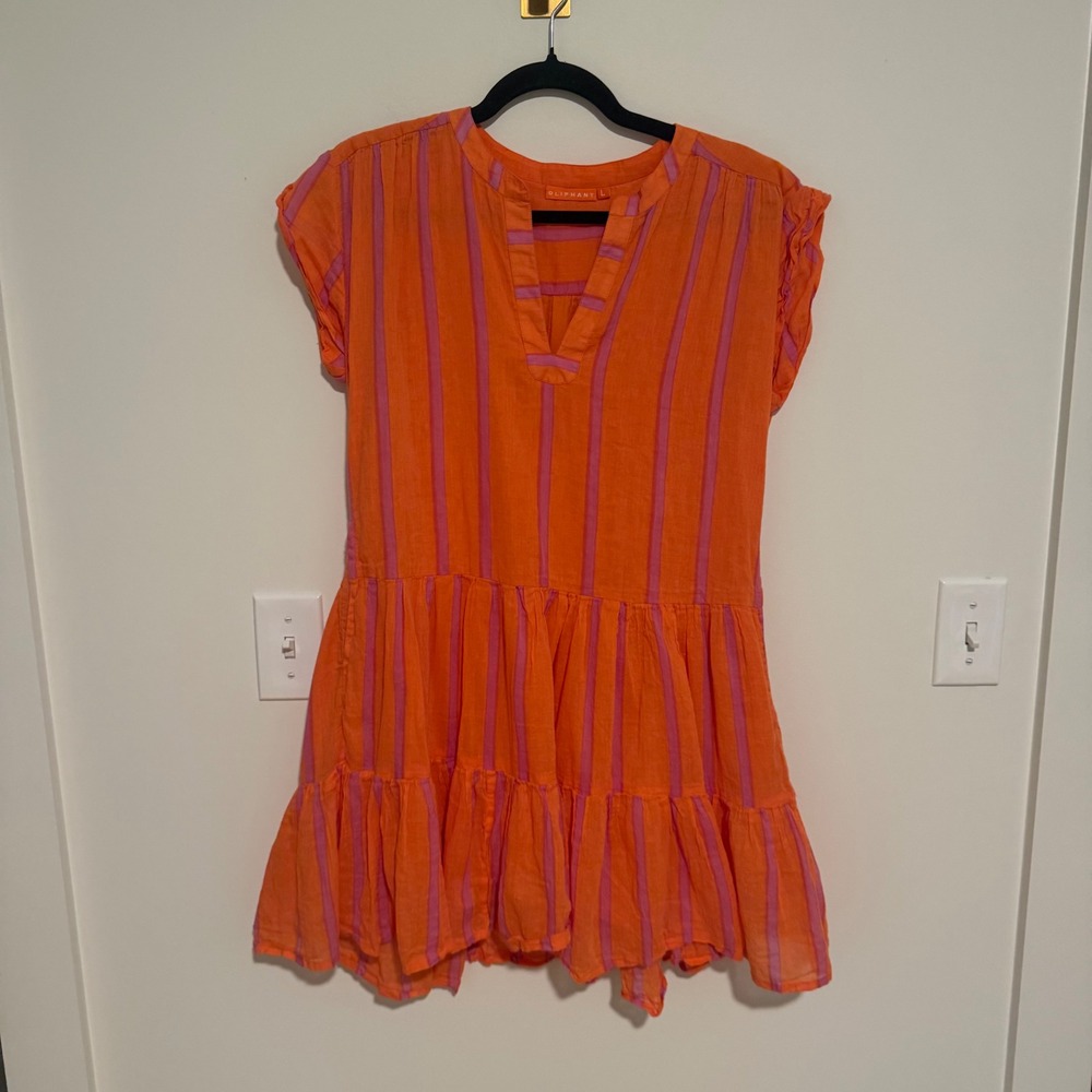 Oliphant‎ Womens Orange Pink Striped Tiered Mini Dress Split V-Neck Size Large